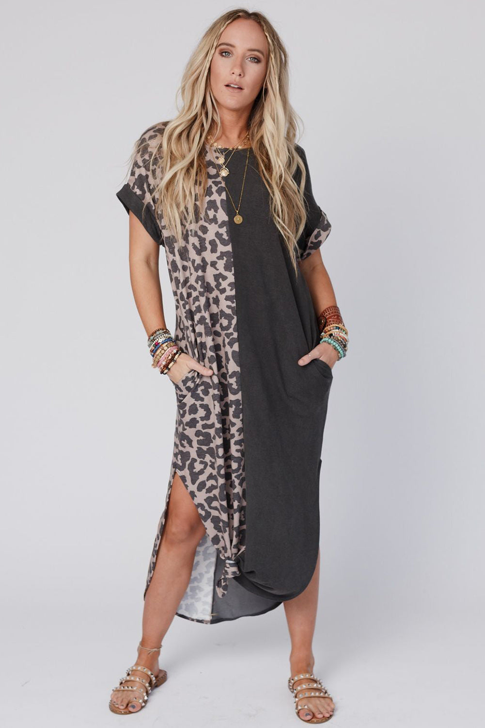 Black Leopard Patchwork Casual T-Shirt Dress With Slits