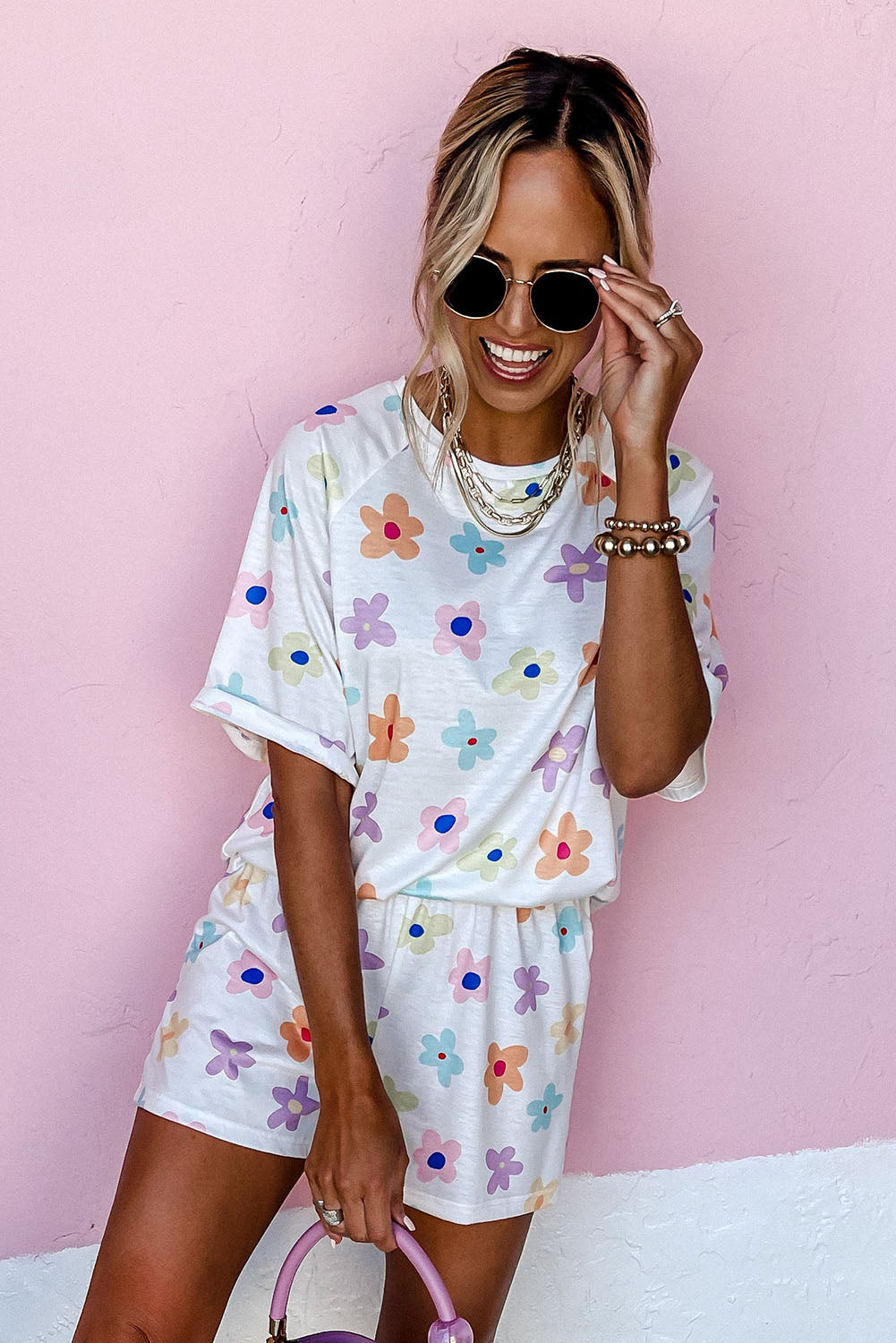 Pink Flower Print Short Sleeve High Waist Two Piece Shorts Set