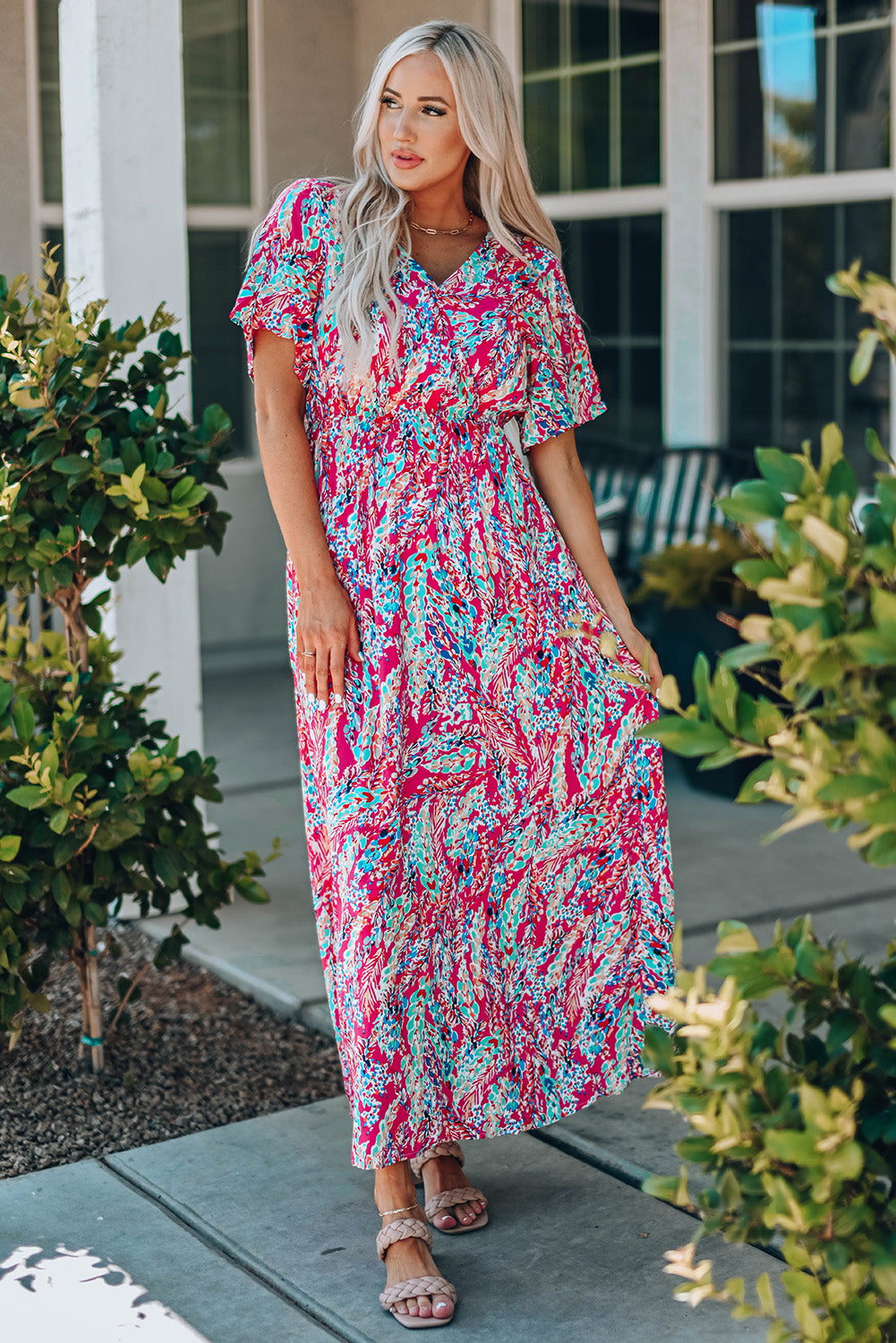 Rose Wrap V Neck Floral Maxi Dress