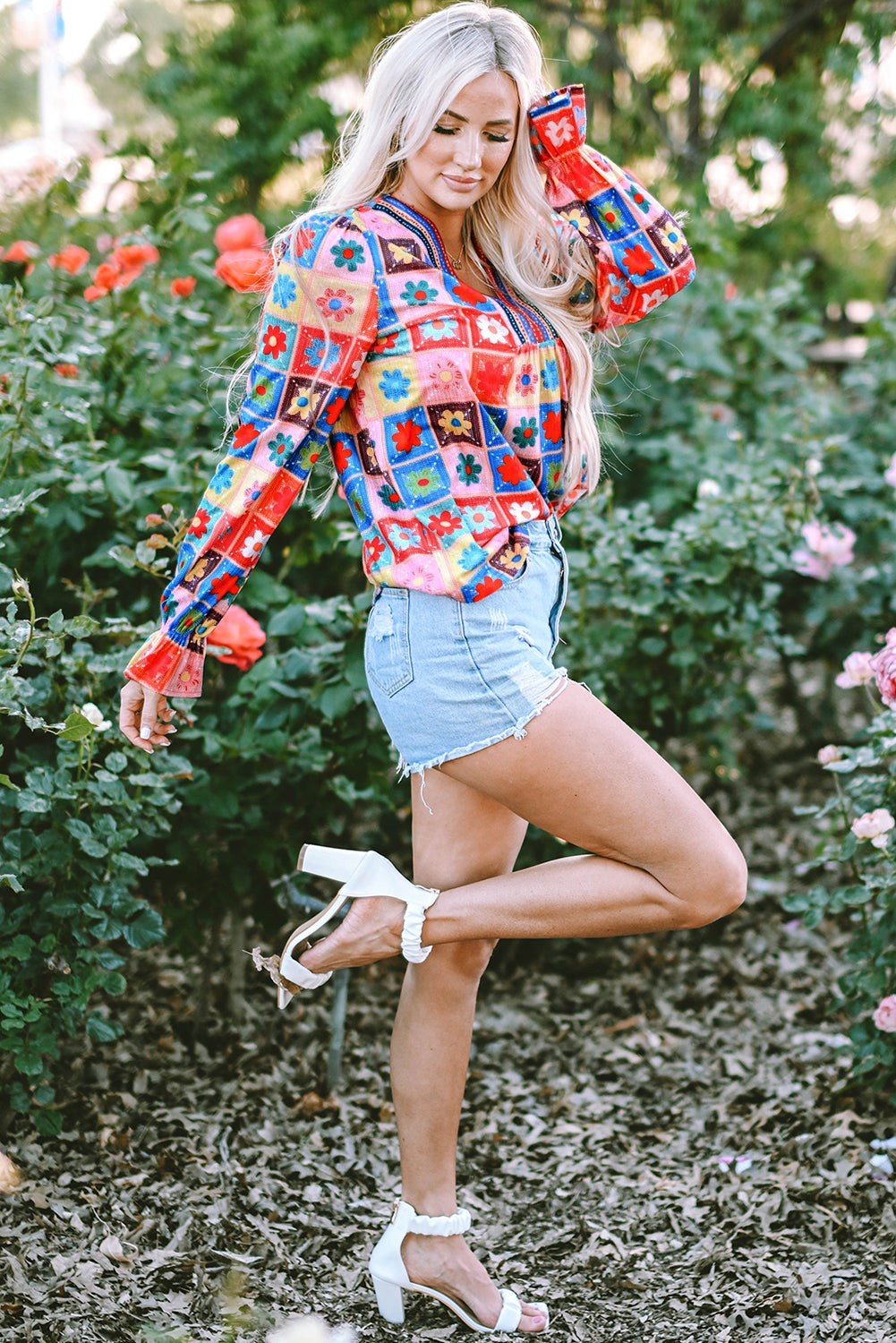 White Checkered Flower Print Boho Bubble Sleeve Blouse