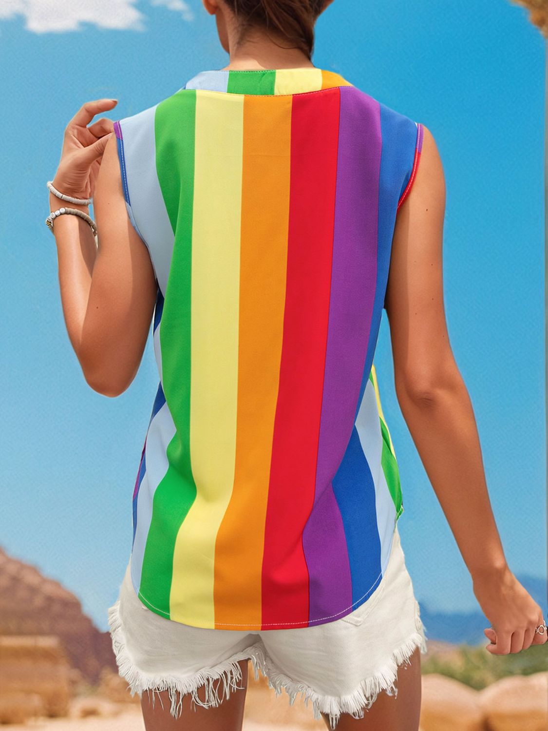 Color Block Notched Sleeveless Rainbow Top