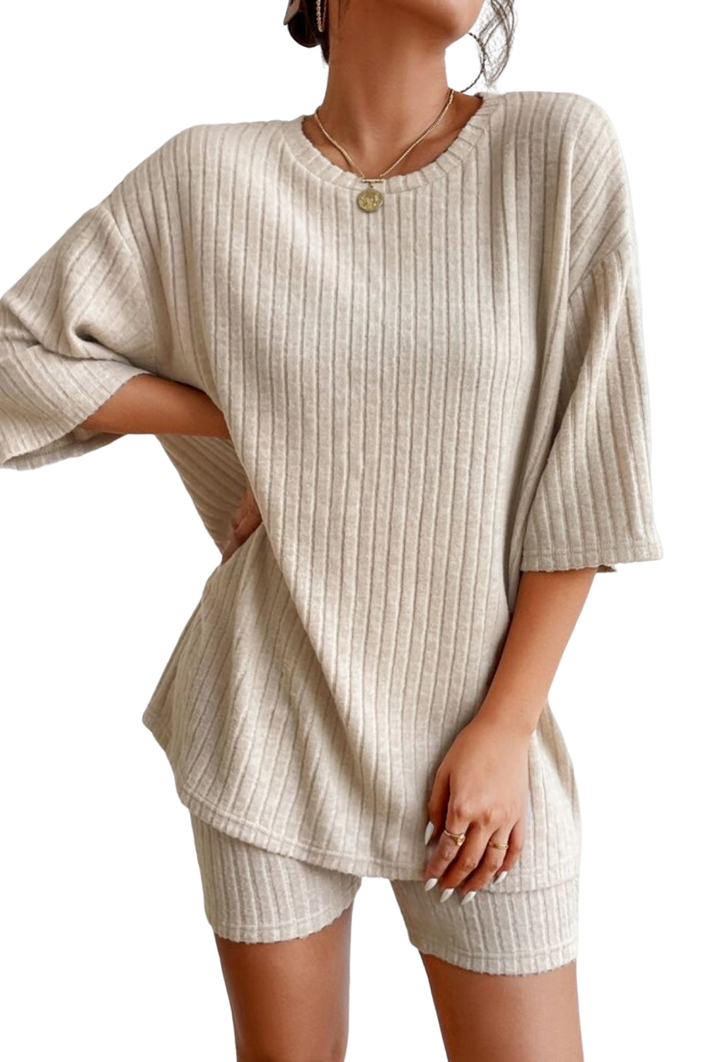 Khaki Ribbed Knit Bell Sleeve Crop Top Drawstring Pants Set