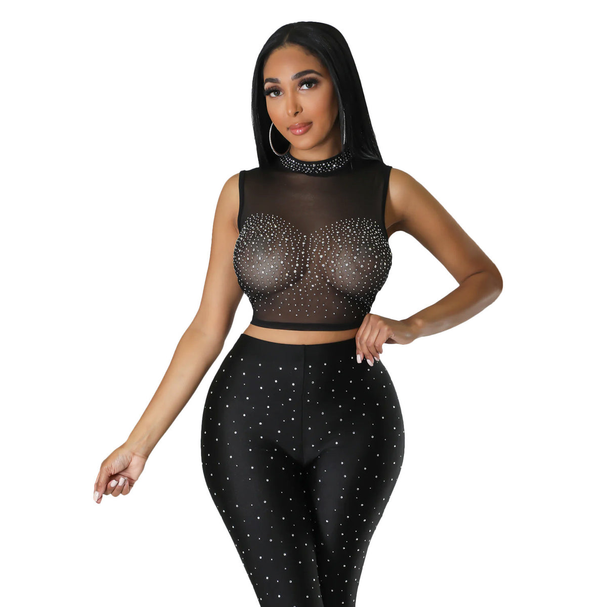 Women's Rhinestone Studded Sleeveless Cropped Blouse With Shiny Sleek Rhinestone Studded Leggings Two Piece Outfit Set