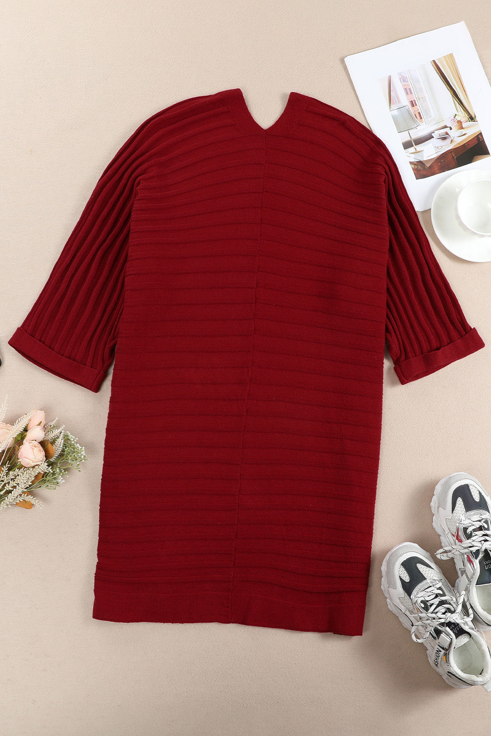 Red Ribbed Half Sleeve Open Front Knit Cardigans