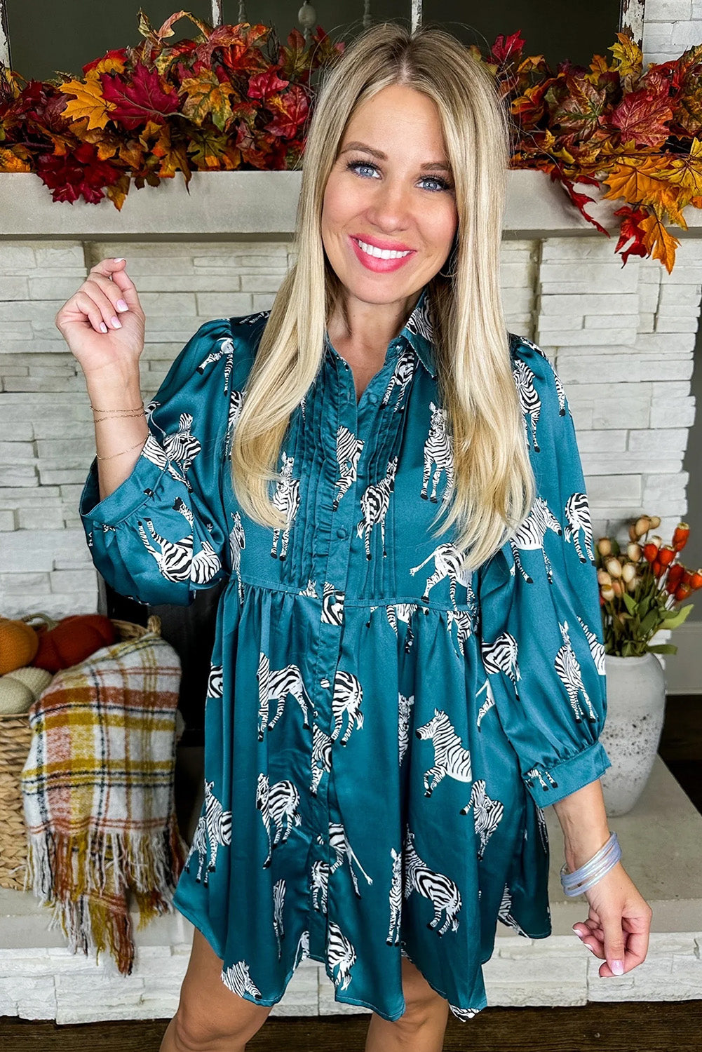 Blue Printed Zebra Pattern Pleated Shirt Tunic Dress