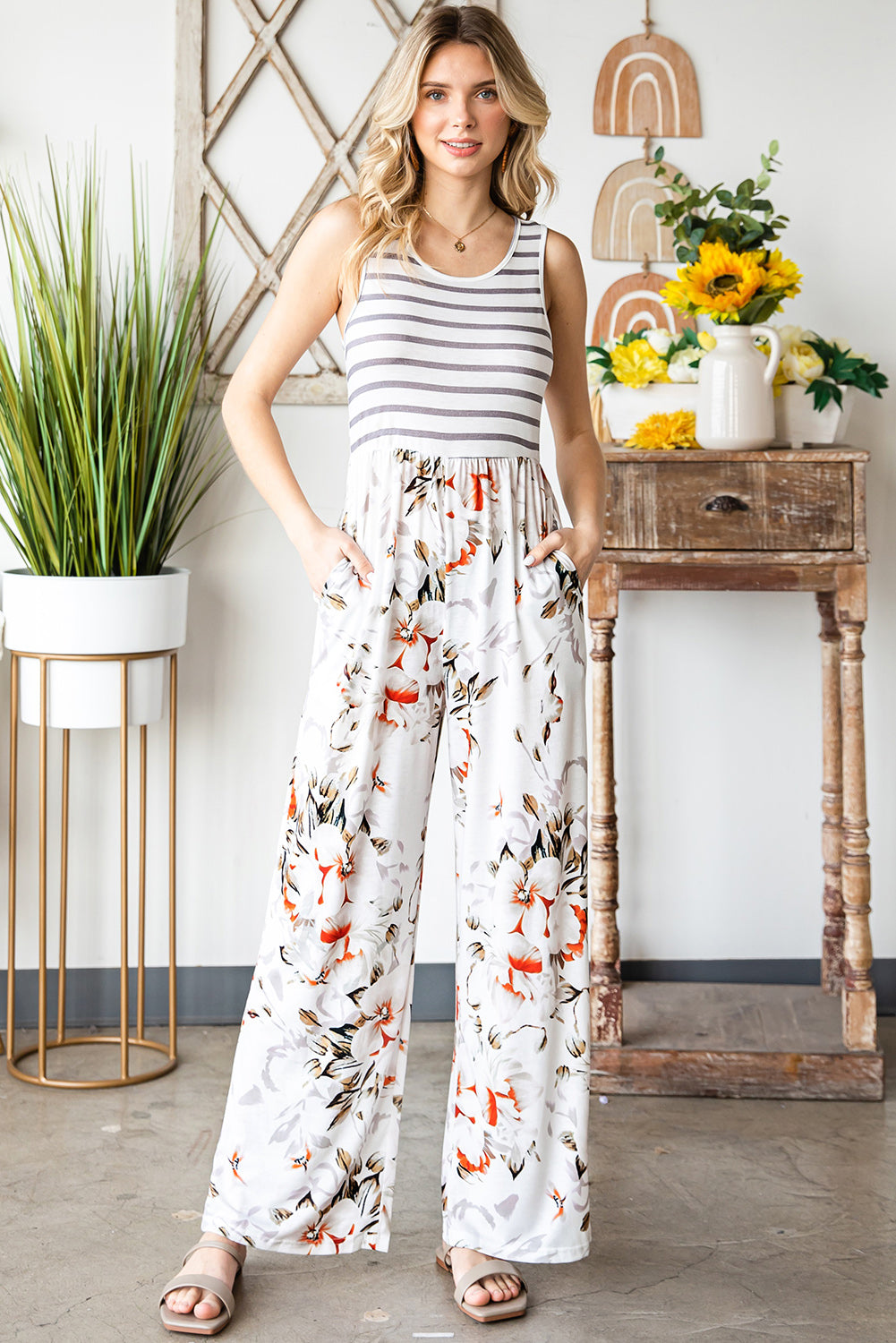 White Striped Floral Pocket Sleeveless Jumpsuit With Pockets