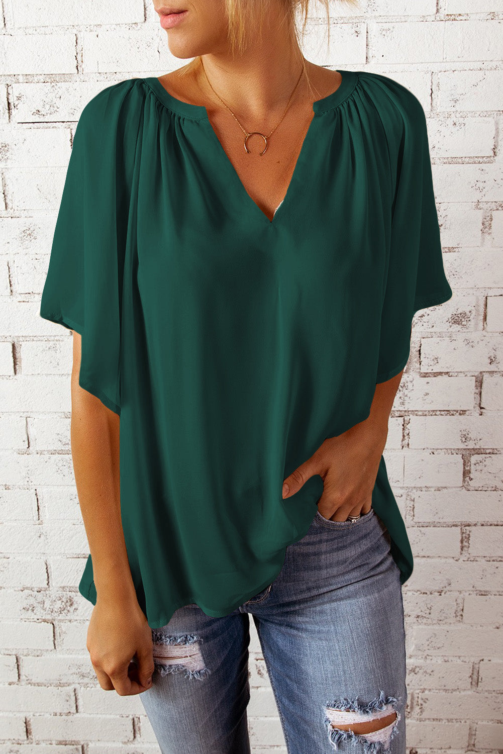 Blue Casual Split Neck Pleated Loose Short Sleeve Blouse