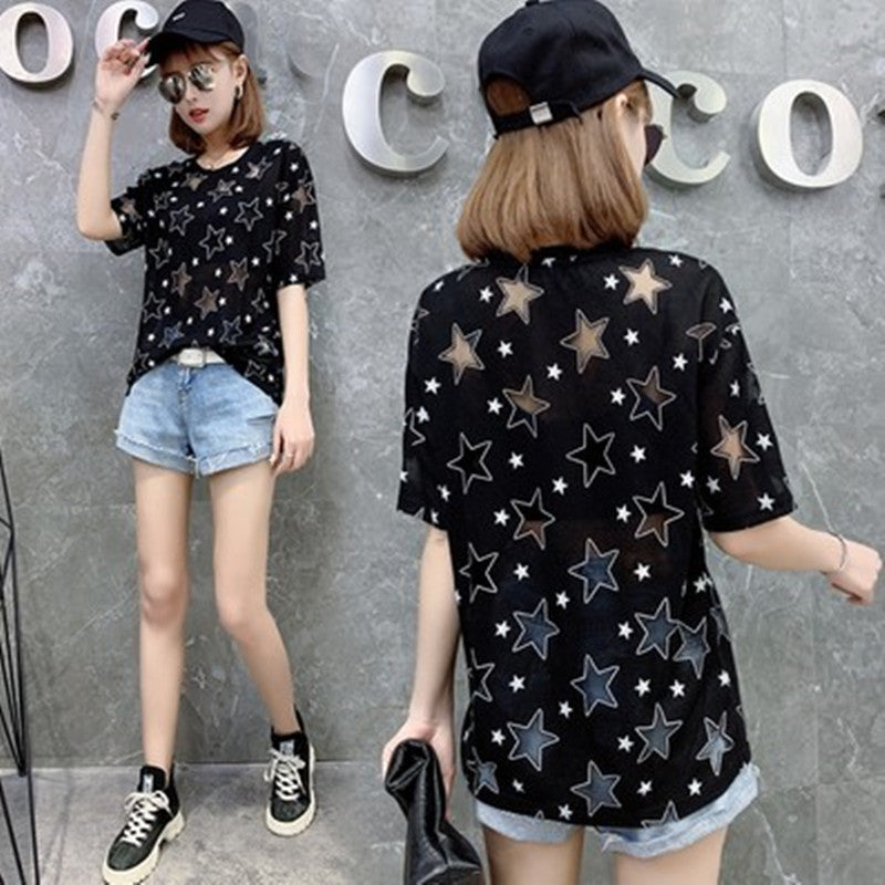 XINGX Loose Mesh Hollow Star Patterned Short Sleeve Sheer Shirts