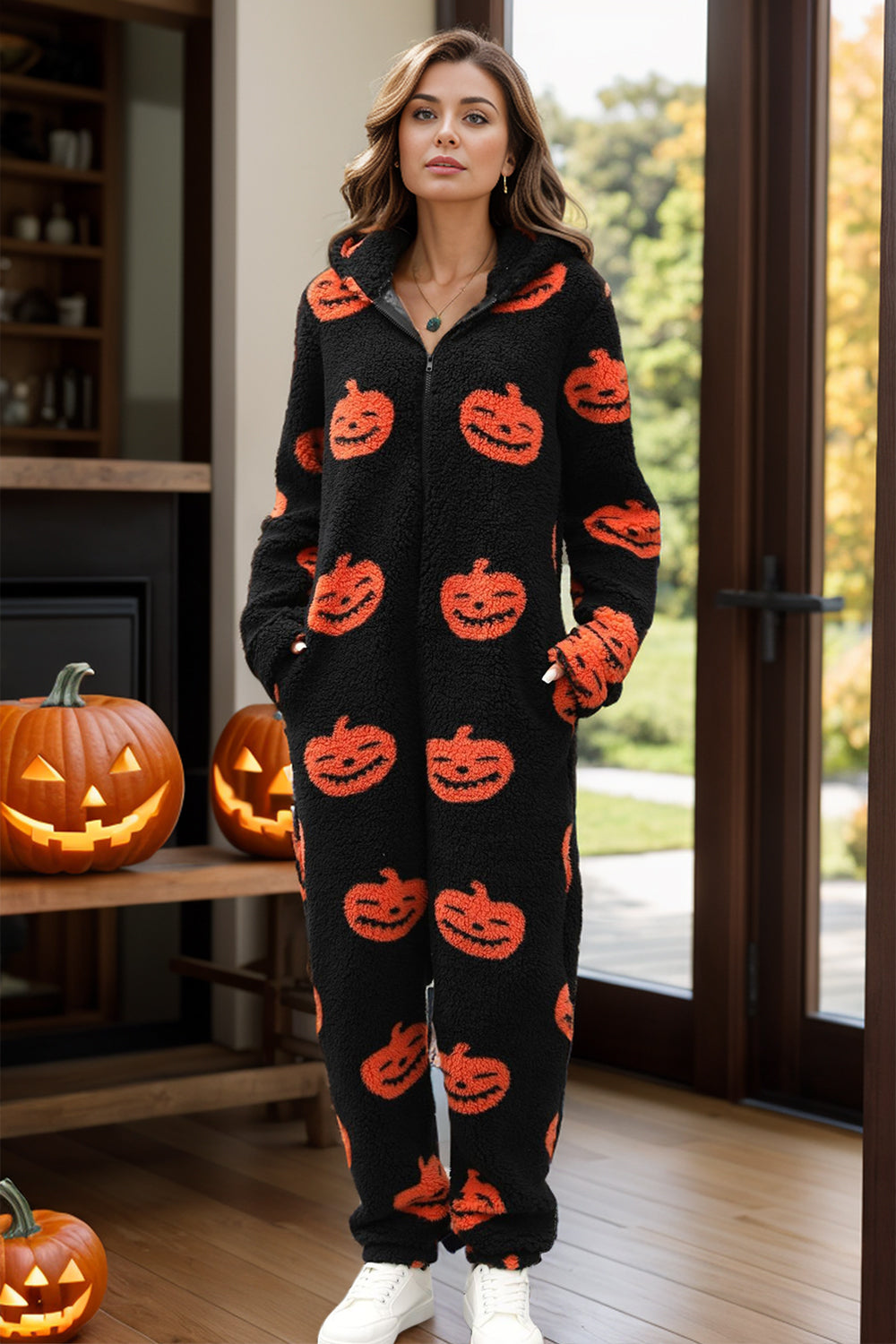 Fuzzy Black Pumpkin Print Half Zip Hooded Jumpsuit - Women’s Halloween Loungewear