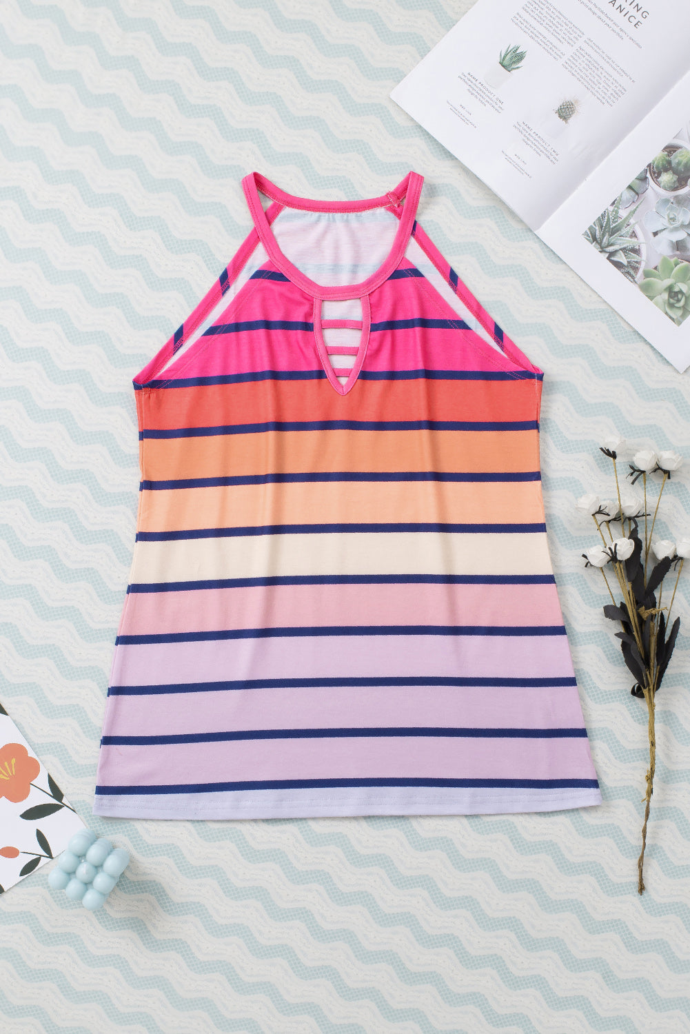 Multicolor Ombre Tie Dye & Striped Print Keyhole Neck Camisole