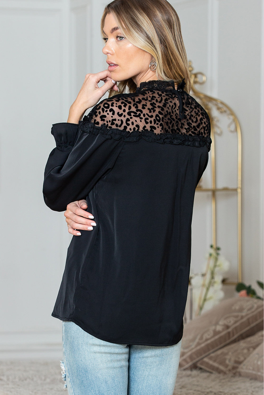 Black Leopard Sheer Splicing Lace Neck Ruffle Blouse