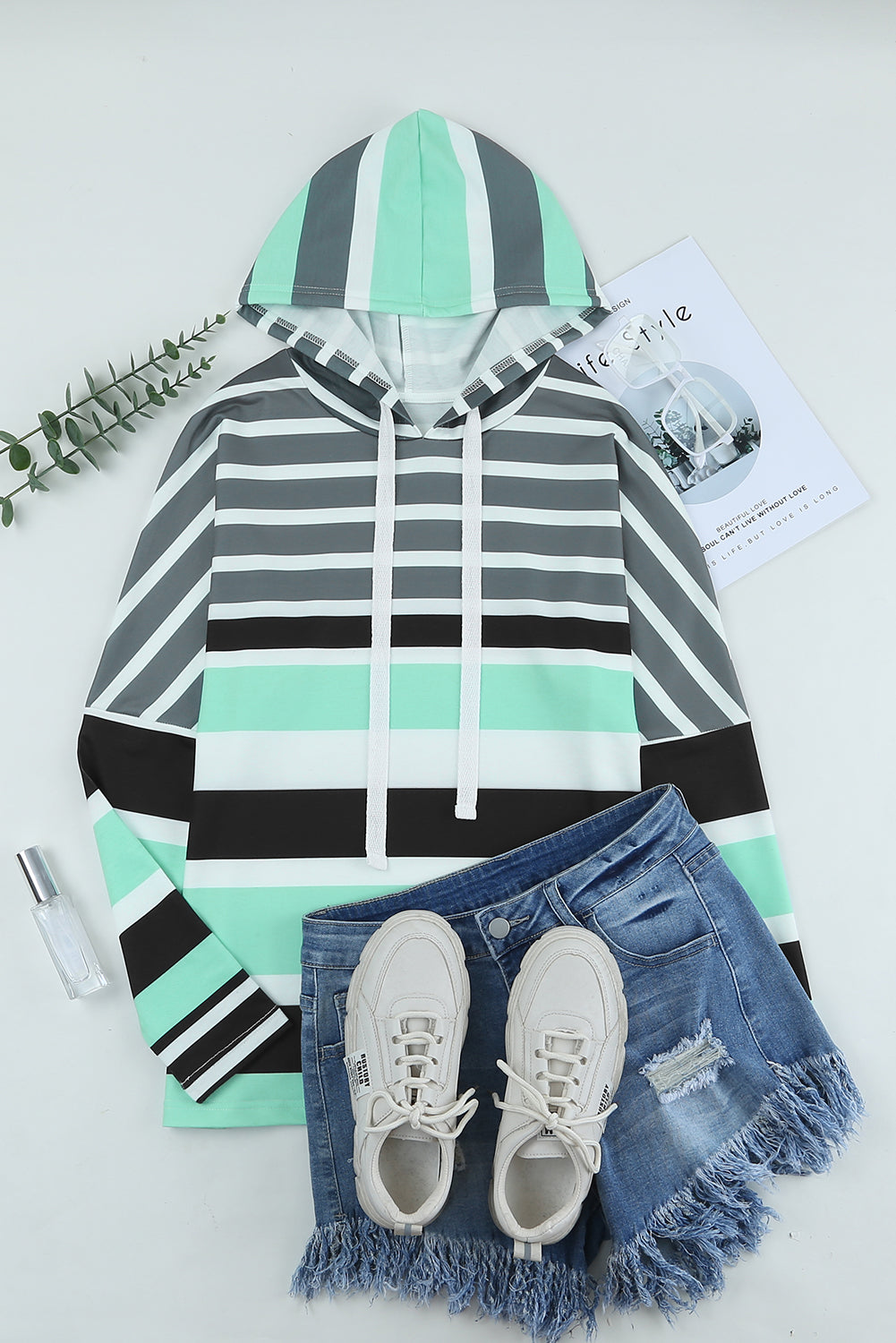 Multicolor Striped Drawstring Pullover Hoodie