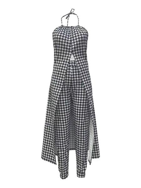 Halterneck Sleeveless Houndstooth Print Top & Trouser Set HN4HHH3ZHN