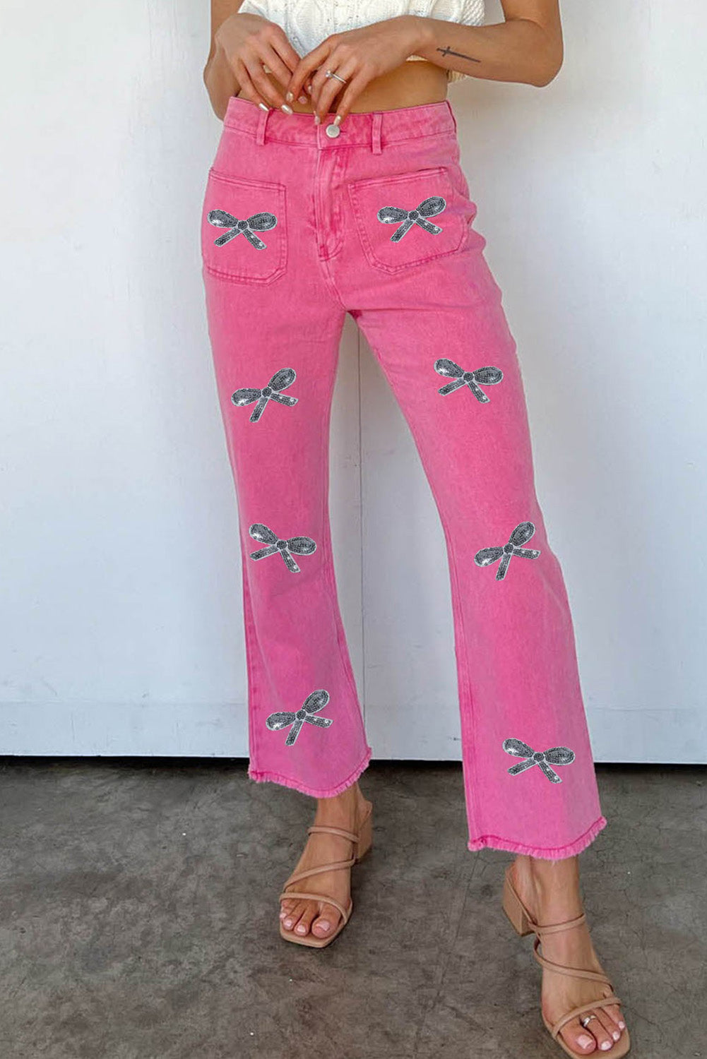 Pink Sequin Bow Knot Graphic Raw Hem High Waist Flared Jeans