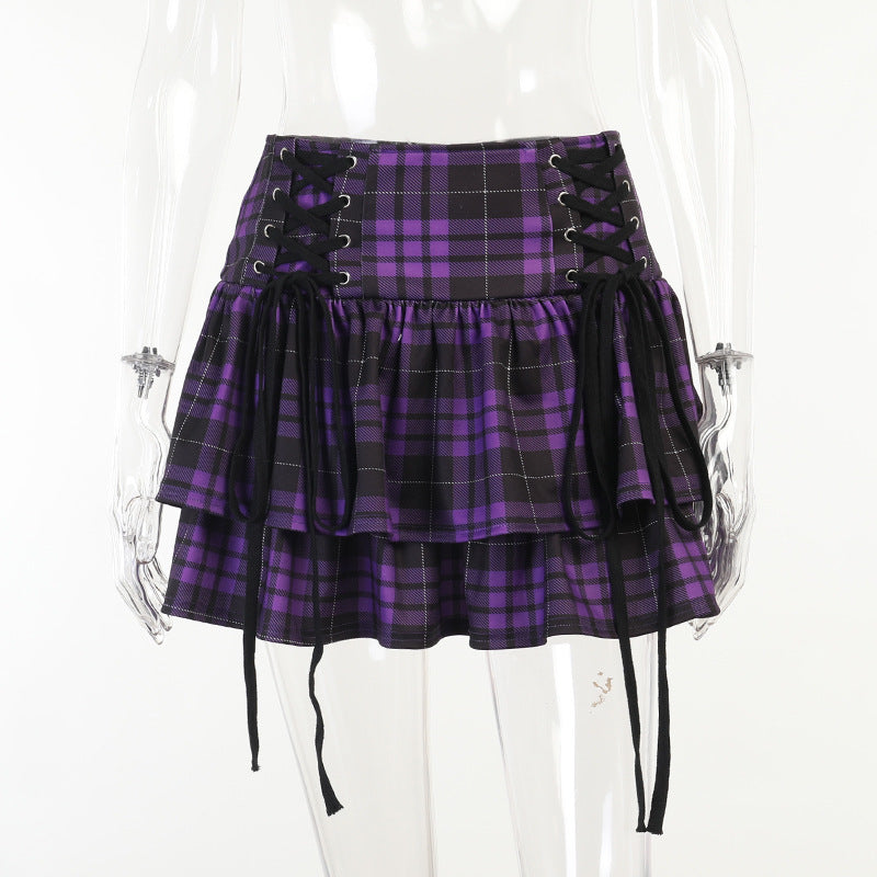 Dark Gothic Double-layer Lace-up Eyelet Check Skirt