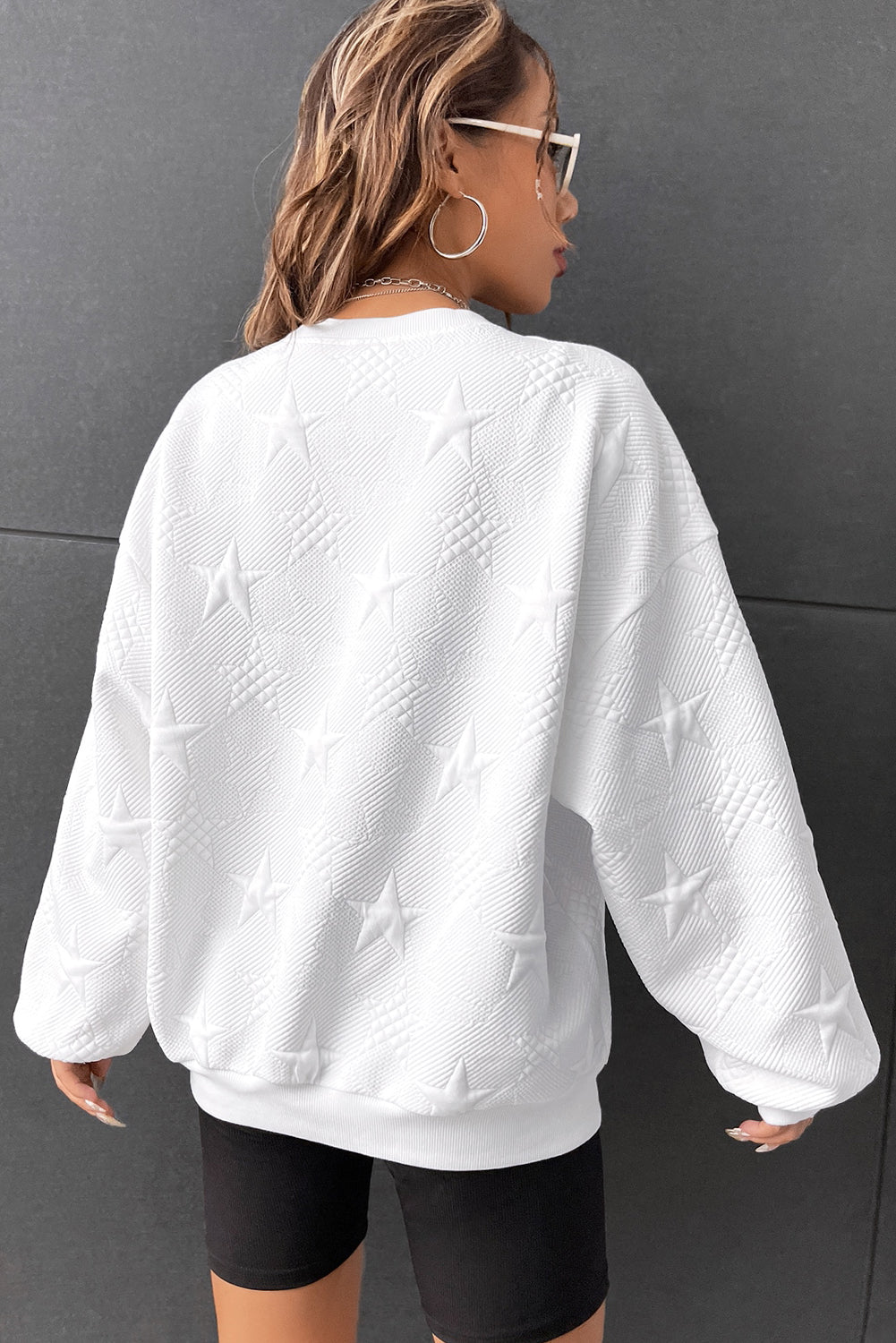 Peach Blossom Star Embossed Textured Drop Shoulder Sweatshirt