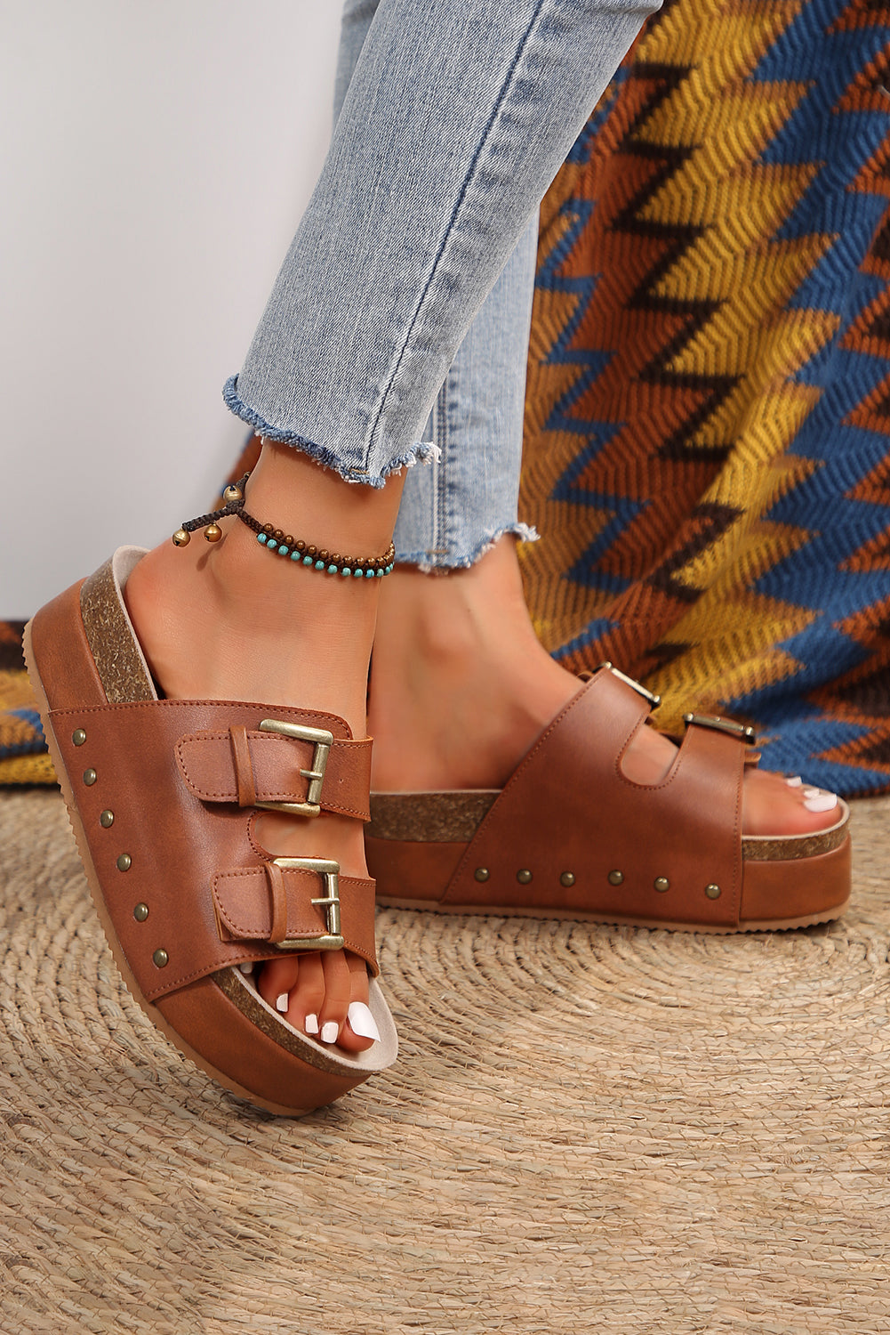 Chestnut Dual Buckle Studded Vintage Platform Sandals