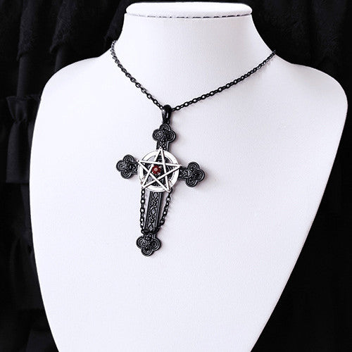 Goth Pentagram Cross Black Metal Pendant Necklace