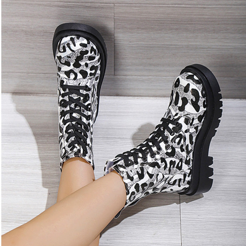 Women’s Black White Leopard Print Low Heel Boots