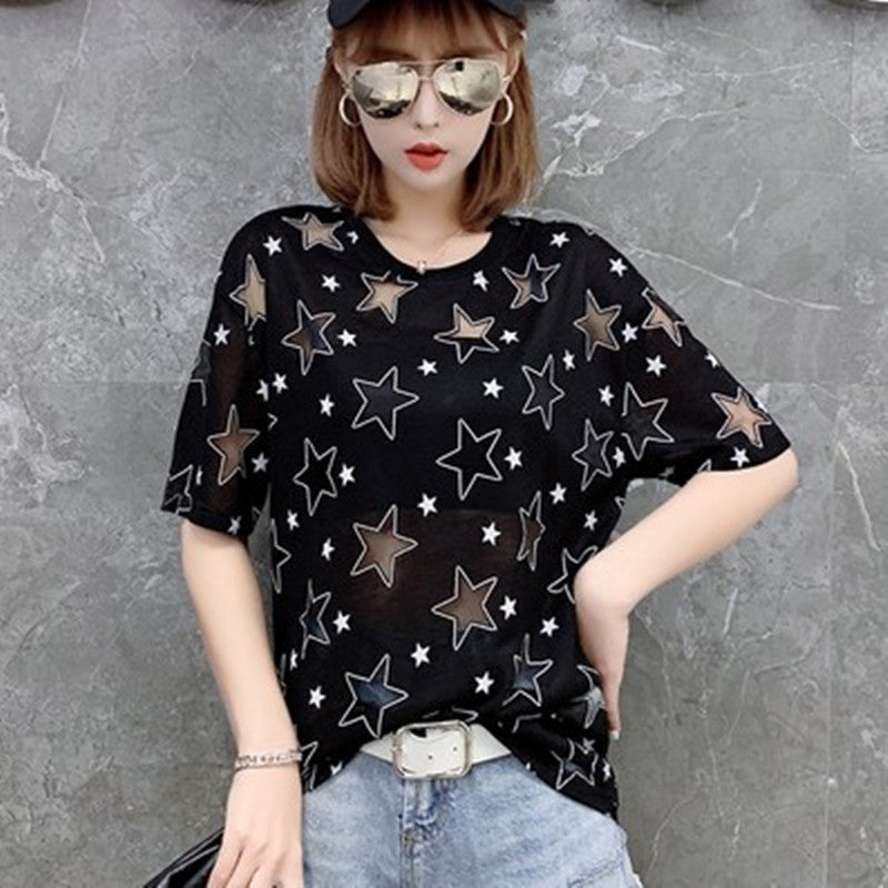 XINGX Loose Mesh Hollow Star Patterned Short Sleeve Sheer Shirts