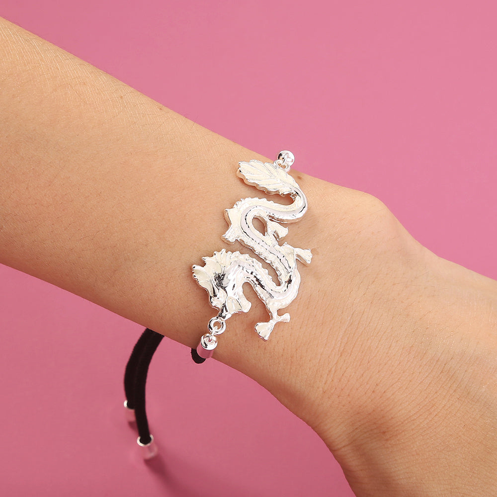 Glow-in-the-dark Silver Dragon Leather Adjustable Drawstring Bracelet