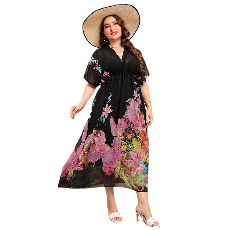 Bohemian Black Floral Bottom Print Chiffon V Print Short Sleeve Maxi Dress