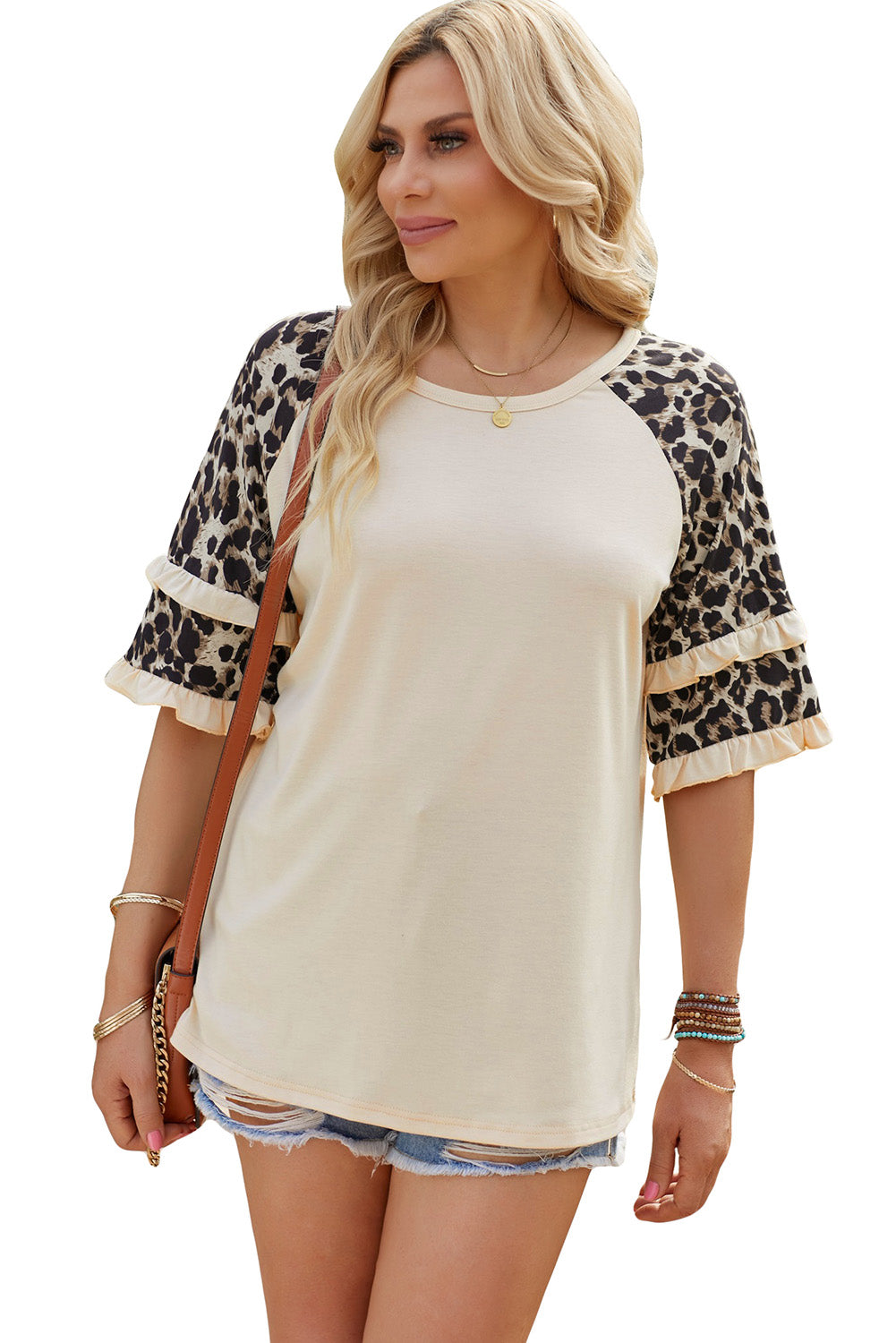 Black Casual Ruffled Leopard Sleeve Patchwork T-Shirt