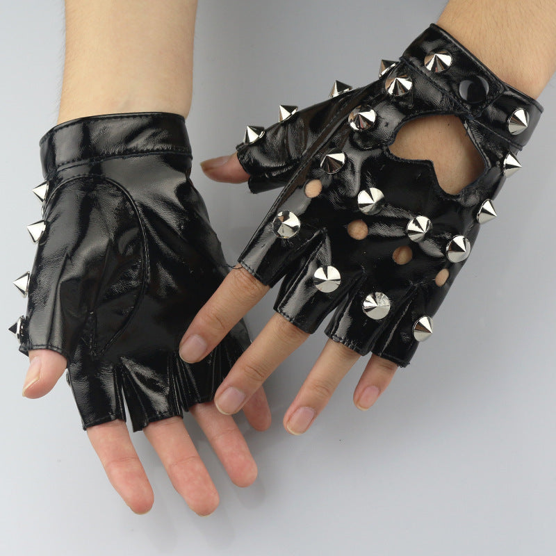 Punk Rock Fingerless Gloves With Heart Cut Out and Metal Detail Cosplay Biker Style Gloves