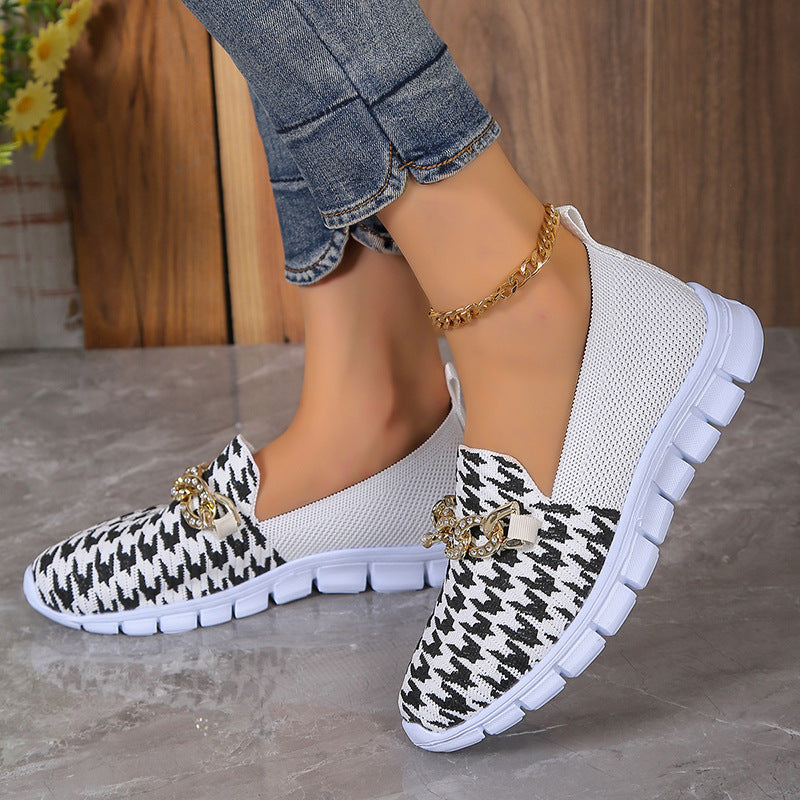 Houndstooth Print Chain Mesh Slip On Loafer Shoe Style Casual Sneakers