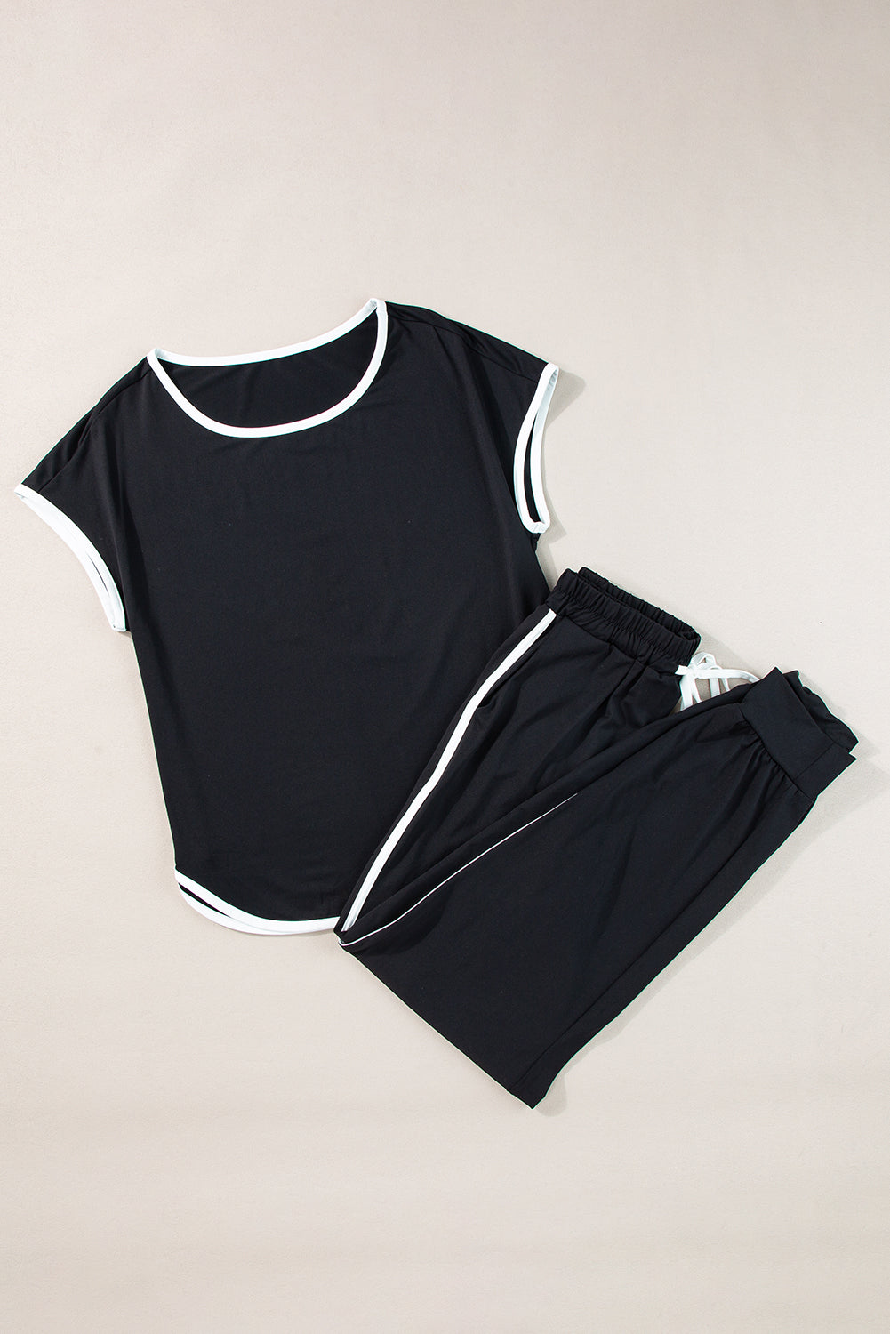 Black Colorblock Trim Casual Two-Piece Lounge Set - Comfortable and Stylish Loungewear