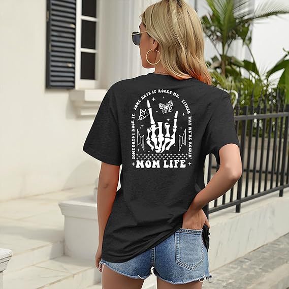 Rocking The Mom Life Skeleton Detail Short Sleeved Graphic Print Tee Shirt