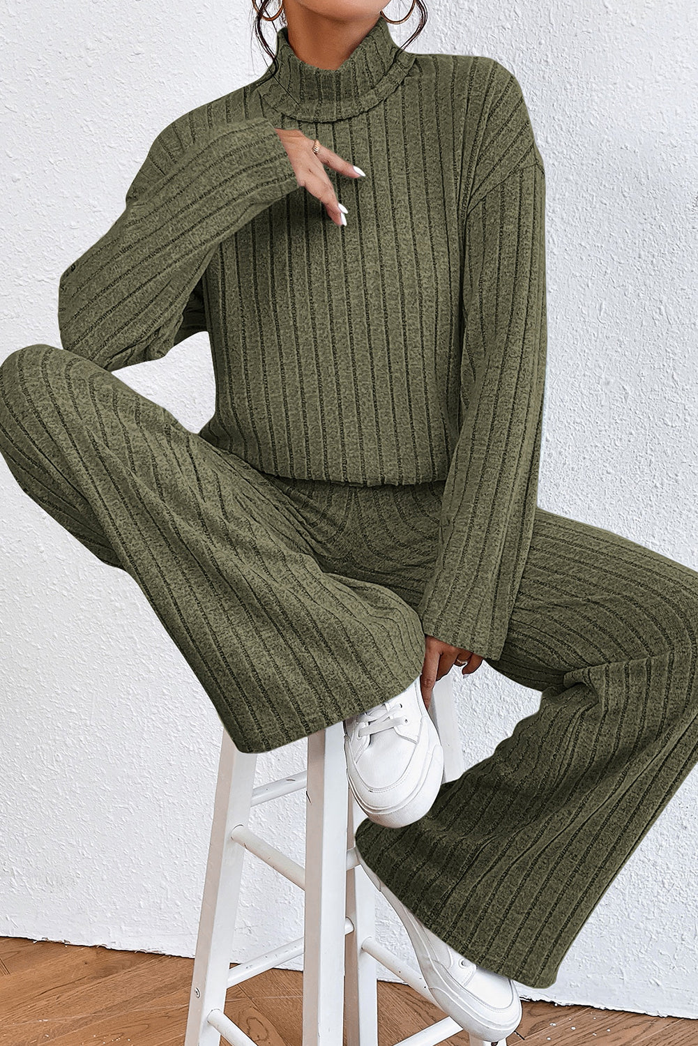 Khaki Ribbed Knit Bell Sleeve Crop Top Drawstring Pants Set