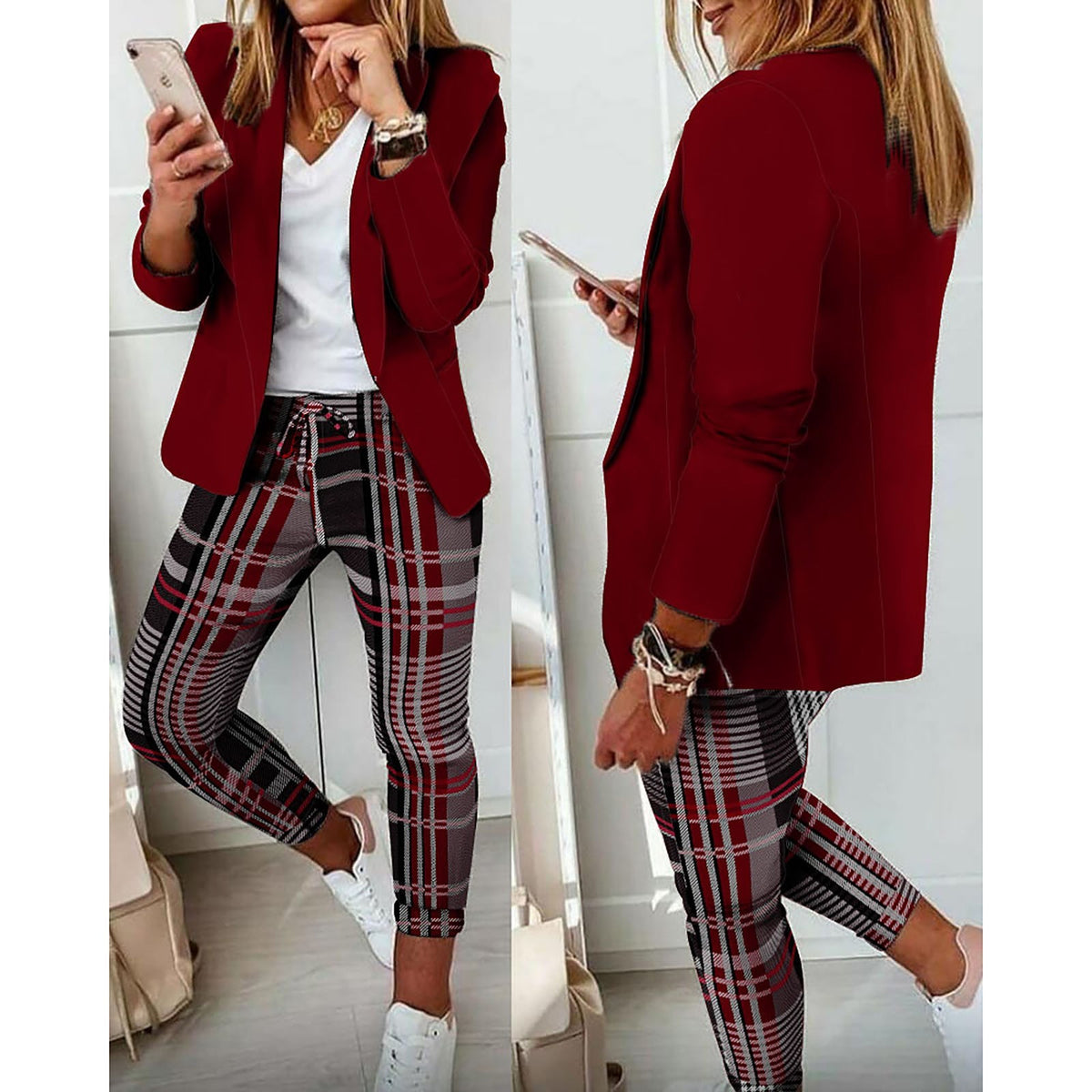 Multicolor Plaid Print Casual Retro Blazer Slim Fit Pants Set