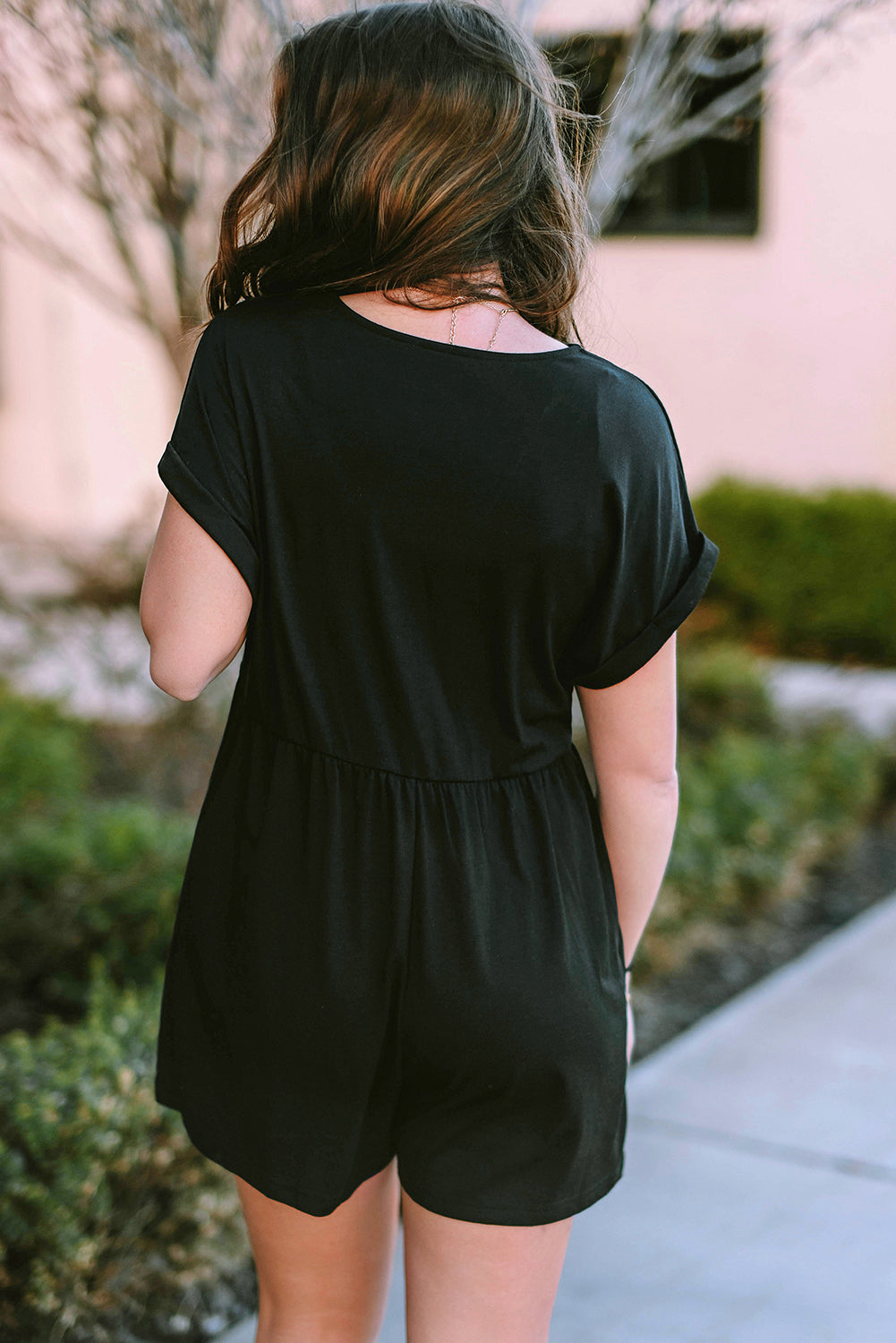 Black V Neck Buttons Loose Cuffed Short Sleeve Romper