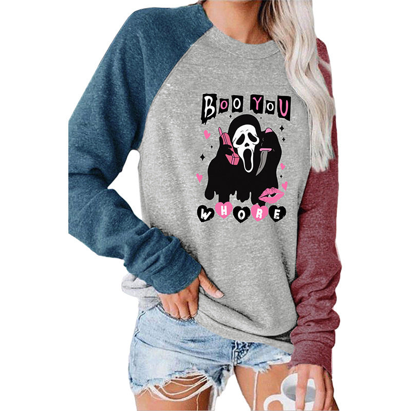 Boo You Horror Round Neck Long Sleeved Graphic Print Tee Shirts