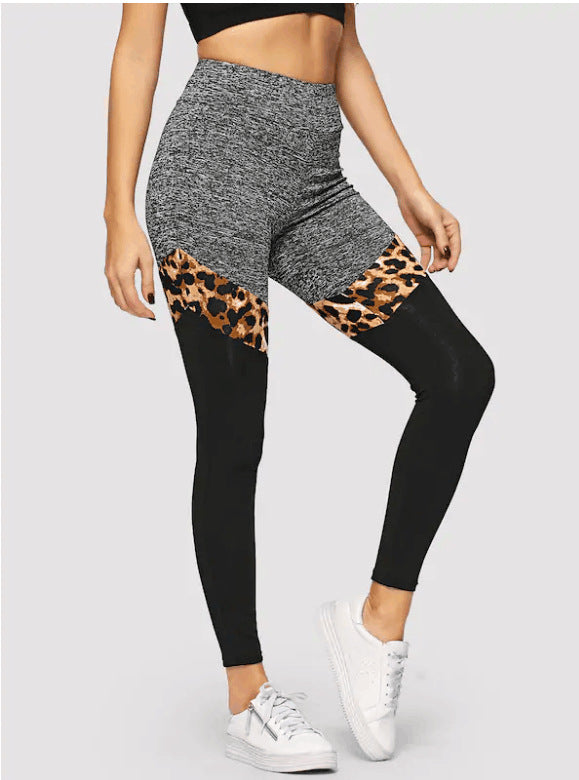 Grey And Black Plus Leopard Print Exposed Stitching Polyester Fiber Leggings