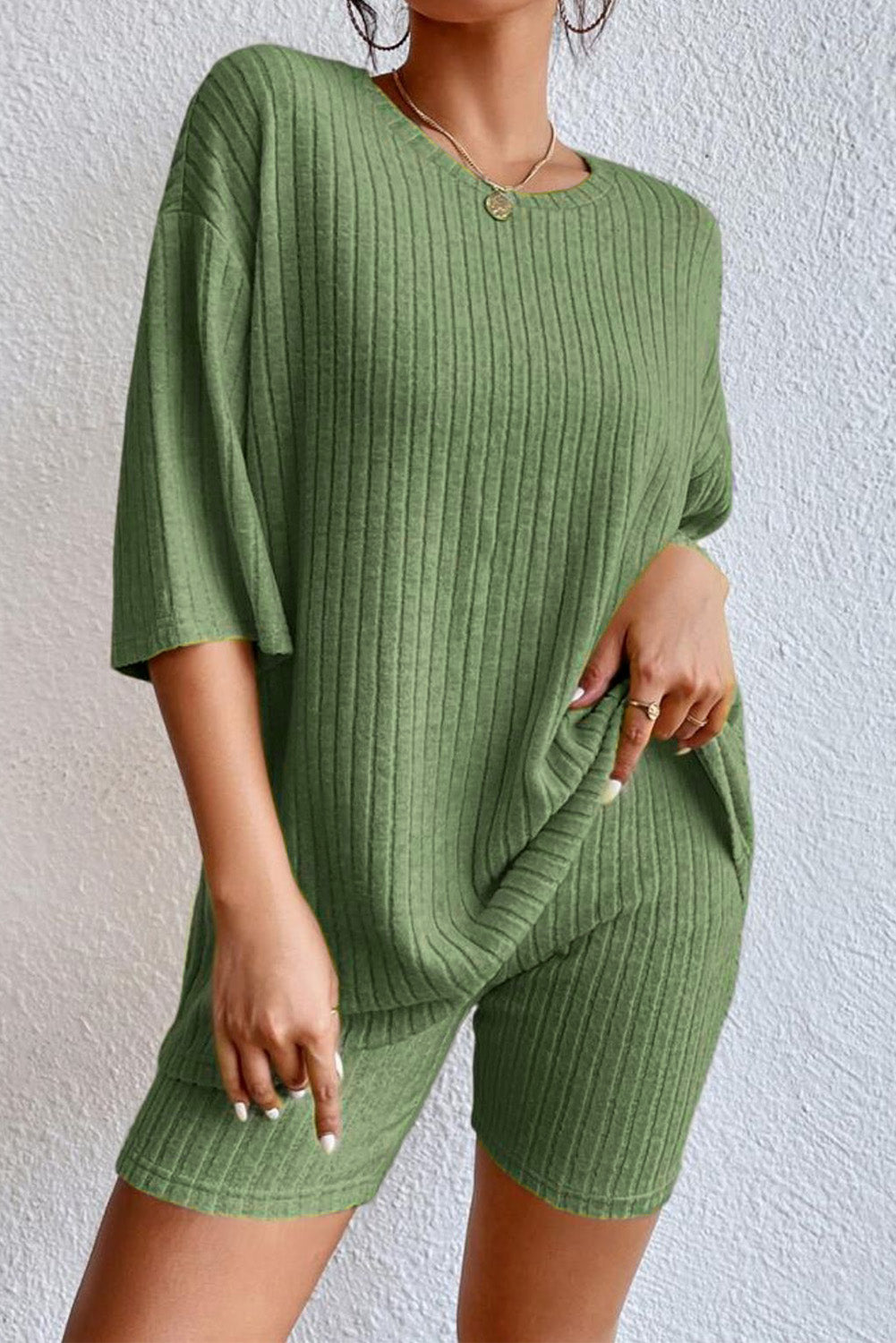 Khaki Ribbed Knit Bell Sleeve Crop Top Drawstring Pants Set