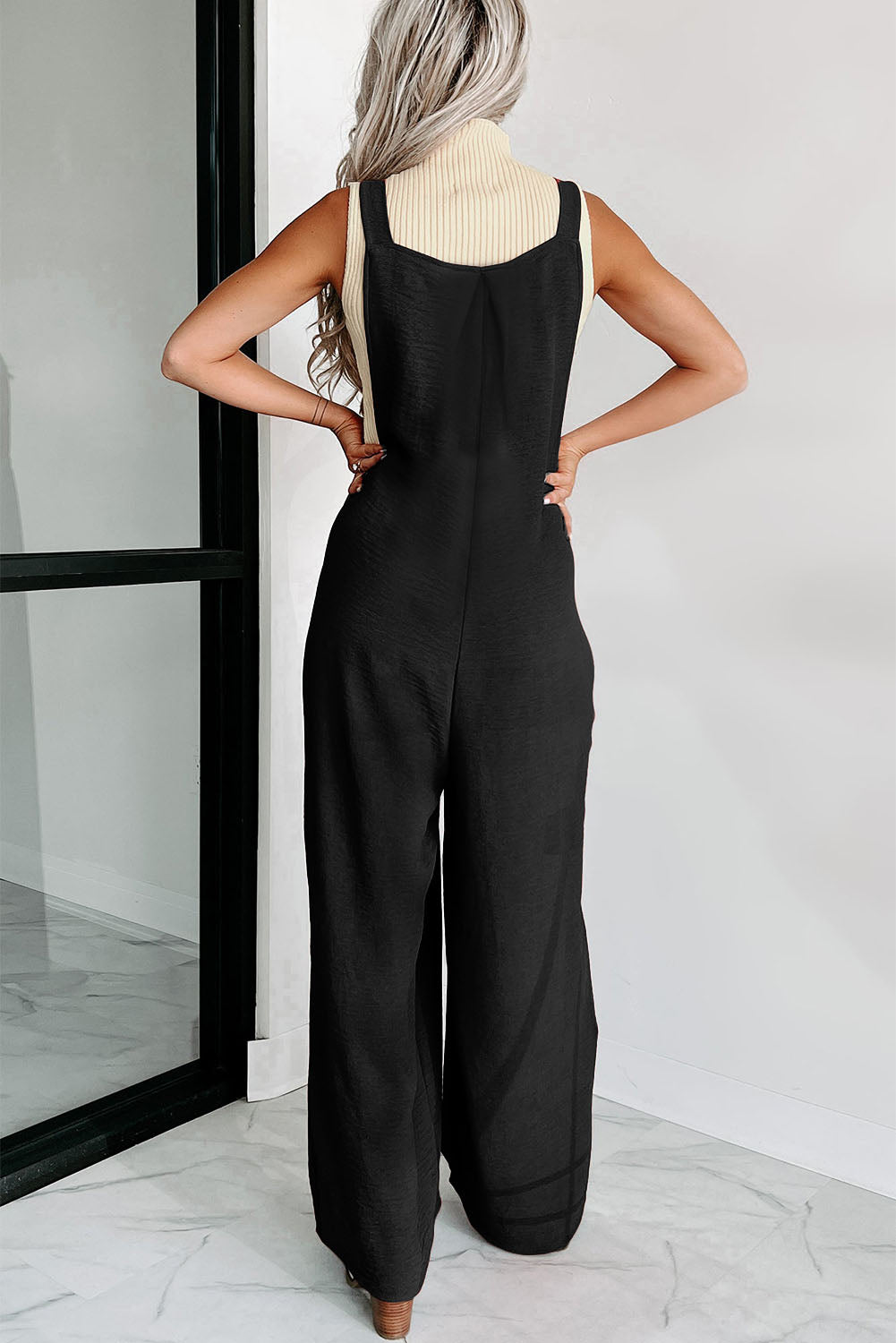 Black Textured Buttoned Straps Ruched Wide Leg Jumpsuit