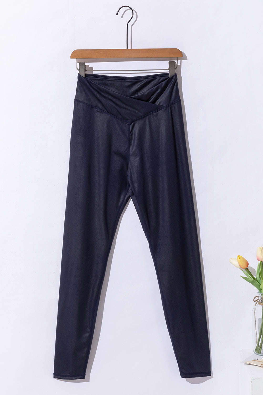 Navy Blue Crossed Dip Waist Sleek Leather Shiny Wet Look Leggings