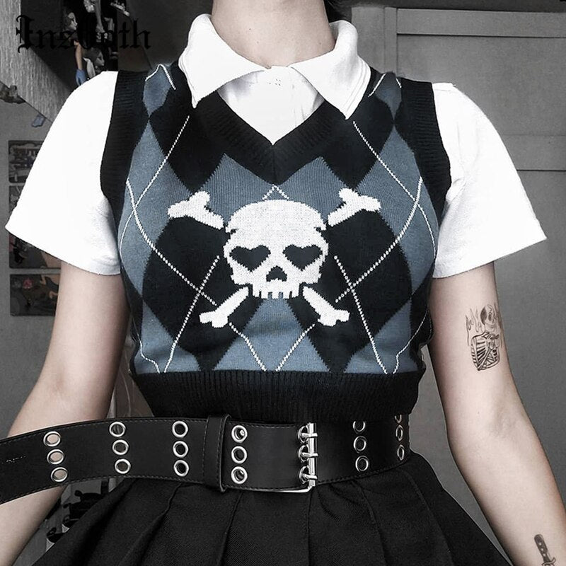 Printed Preppy Skull And Crossbones Punk Rock Fashion Sweater Vest