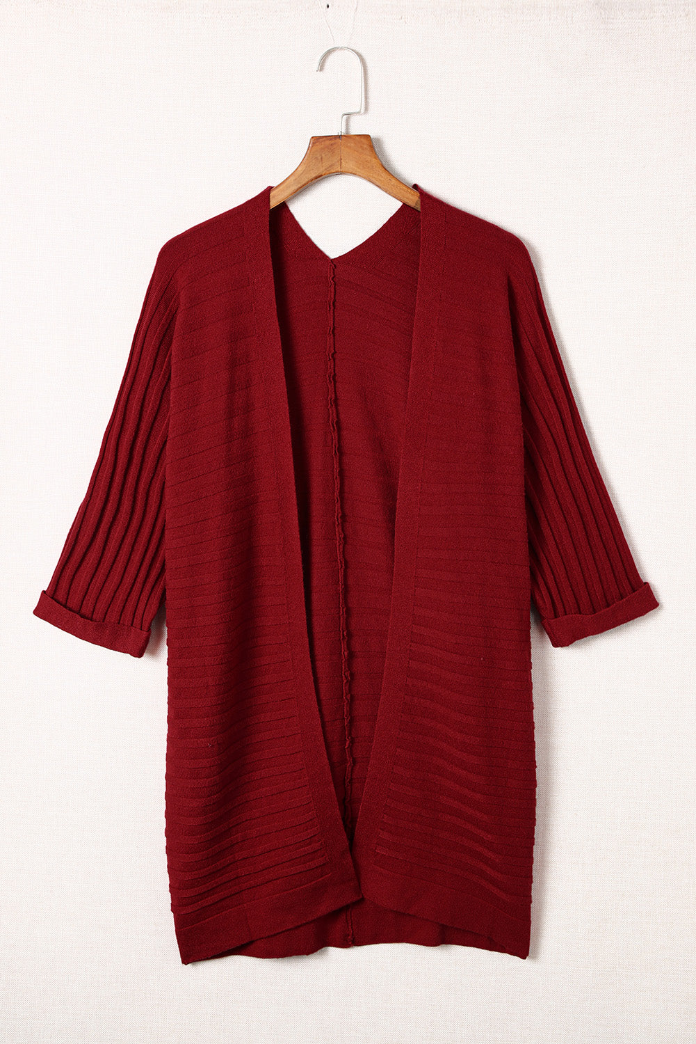 Red Ribbed Half Sleeve Open Front Knit Cardigans