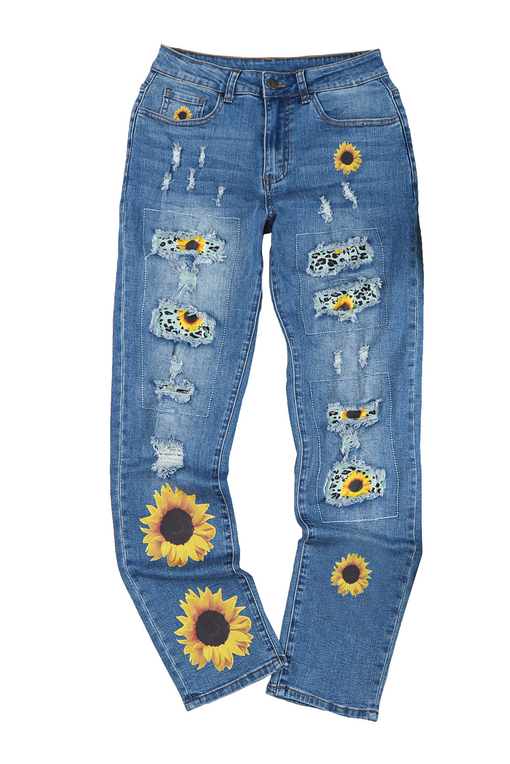 Blue Sunflower Print Ripped Mid Rise Straight Leg Graphic Jeans