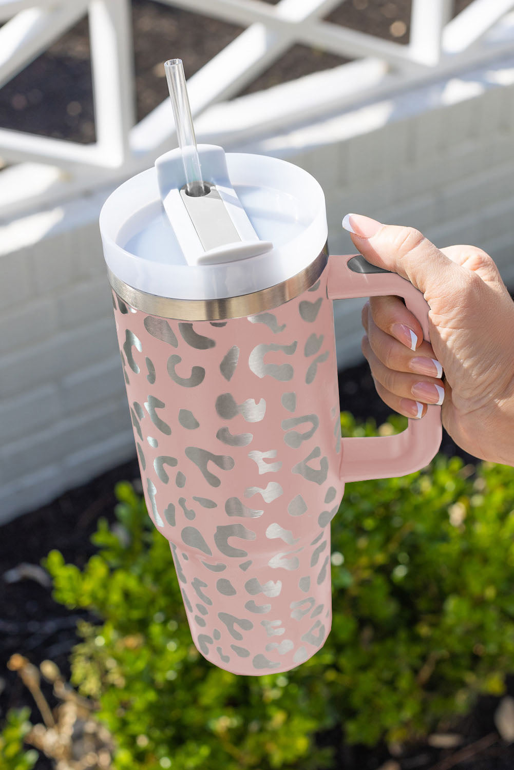 White 40oz Stainless Steel Portable Leopard Tumbler Mug With Handle