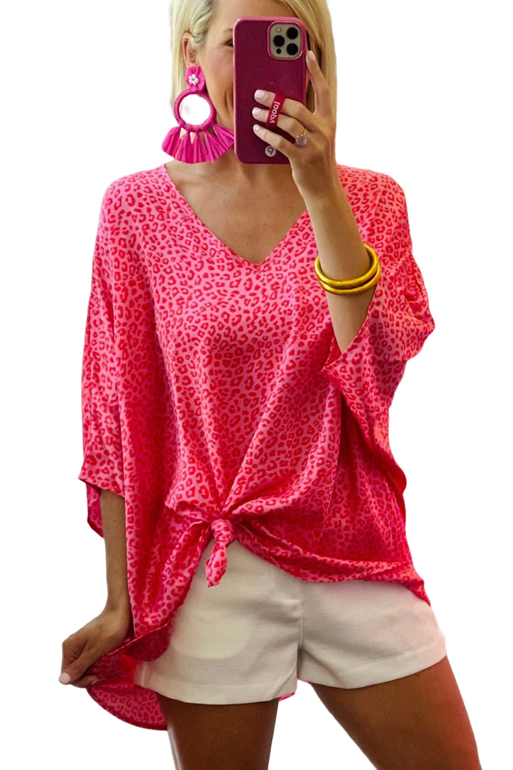 Rosy Leopard Print Oversized Casual Half Sleeve V Neck Top