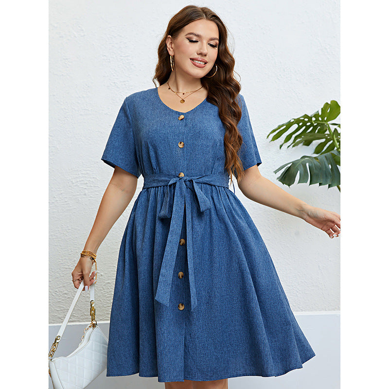 Blue Denim Lace-up Tie At Waist Dress