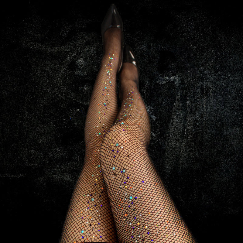 Jewel Encrusted Rainbow Color Blast High Stretch Elastic Pantyhose Fishnet Stockings Lingerie Tights