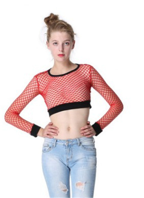 Long Sleeved Fishnet Sheer Nylon Mesh Crop Top