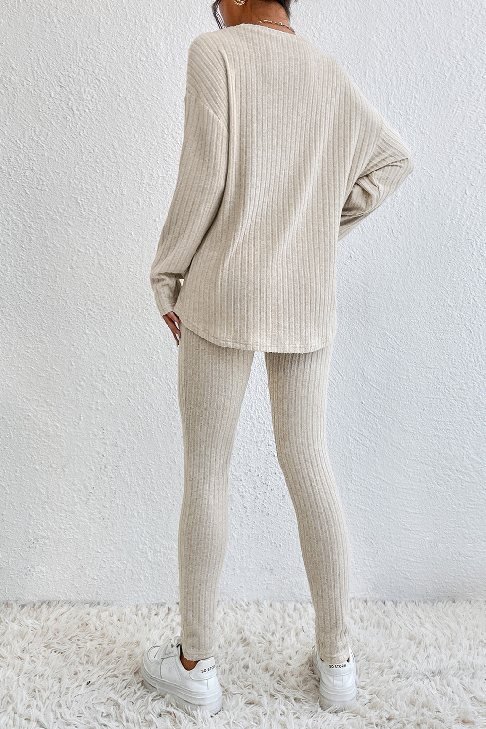 Khaki Ribbed Knit Bell Sleeve Crop Top Drawstring Pants Set