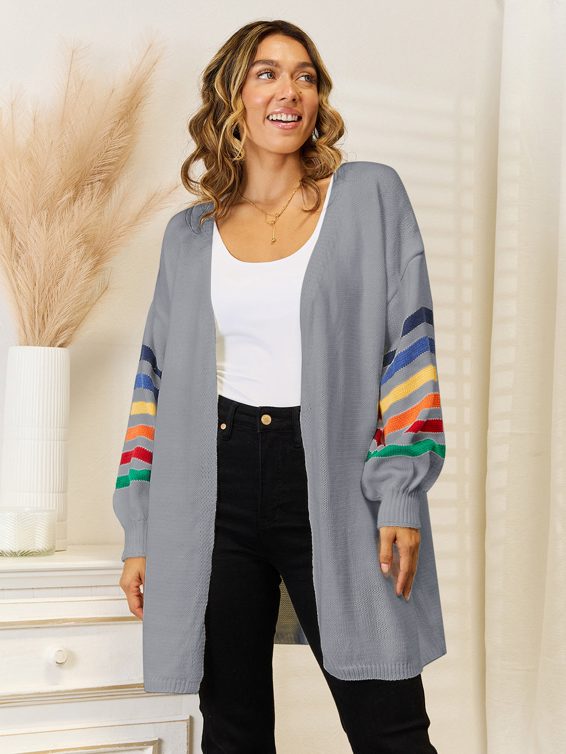 Striped Open Front Dropped Shoulder Cardigan