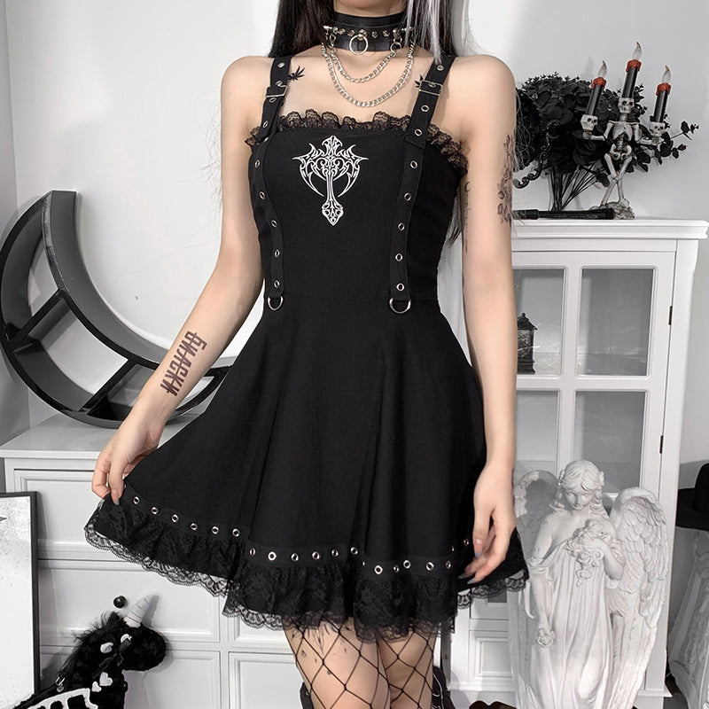 Women's Dark Webbing A-line Lace Vest Dress